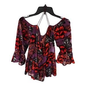 Forever 21 Off Shoulder Blouse Sheer Purple W Floral Velvet Burnout Sz Medium